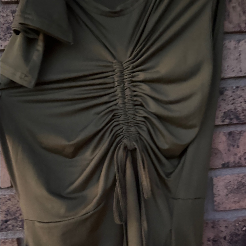 Asymmetrical Olive Green Sleeveless Ruched Dress - Picture 5 of 10